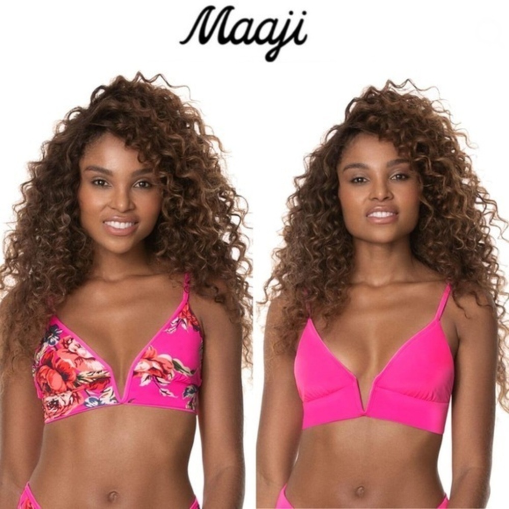 MAAJI FUCHSIA AGATE PARADE LONG LINE TRIANGLE BIKINI REVERSIBLE TOP S NWT 79$